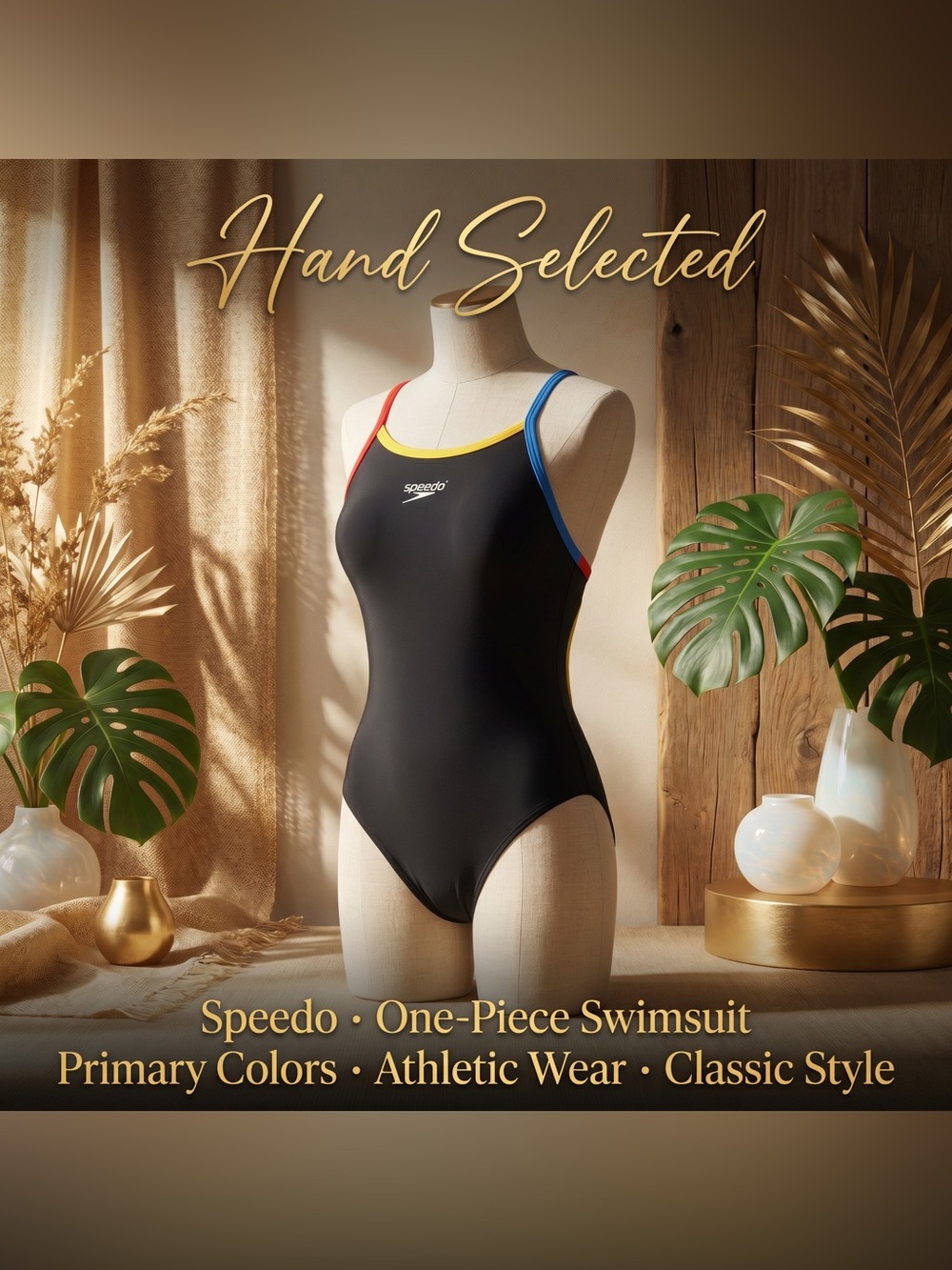 Speedo Black swimsuit  with Red, Yellow and Blue Trim - Size 14